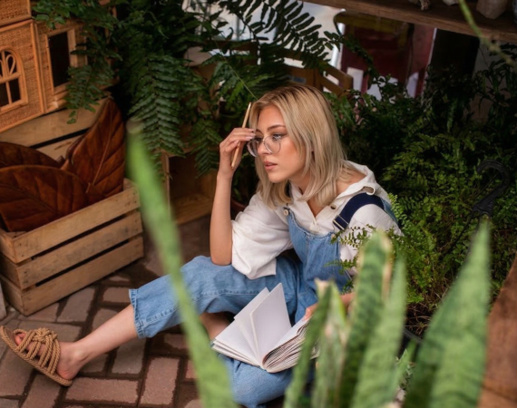 Woman in overalls sitting among plants with a book, adjusting her glasses, in a cosy room setting