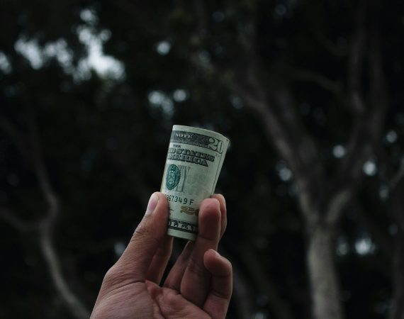 Hand holding rolled twenty-dollar note against blurred dark tree background