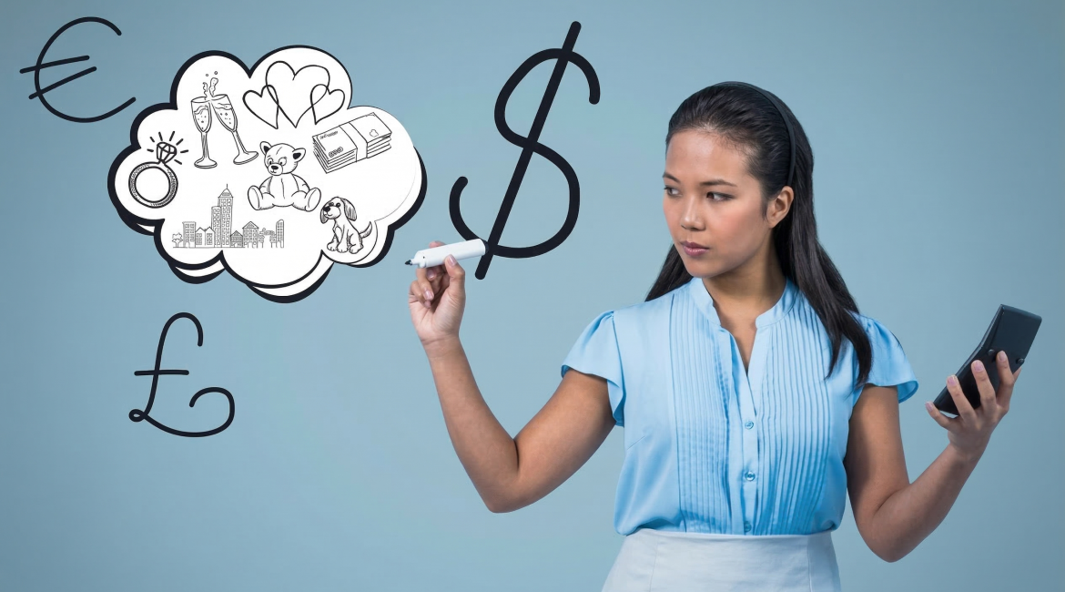 Woman in blue shirt calculating expenses and savings with currency symbols and dream cloud sketches