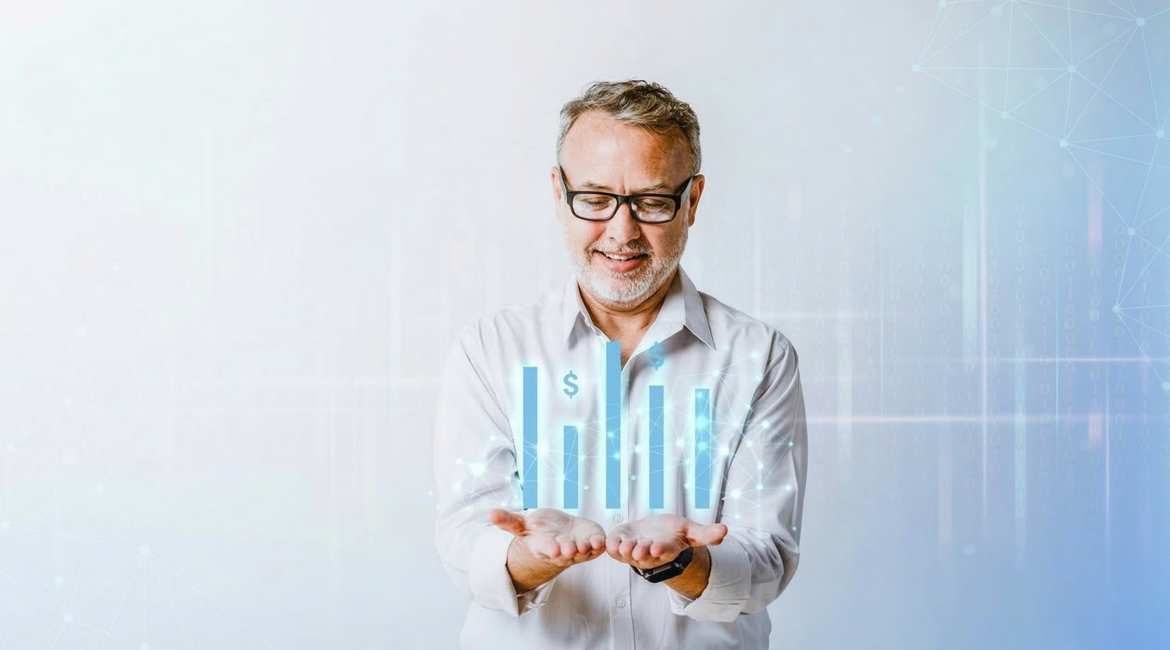 Man smiling with data chart hologram representing financial growth in hands