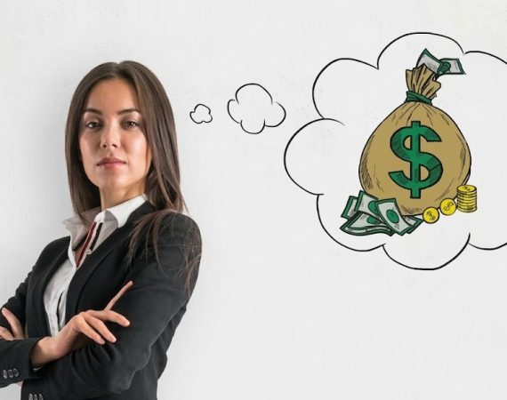 Businesswoman thinking about money, standing confidently with arms crossed and money bag illustration in thought bubble