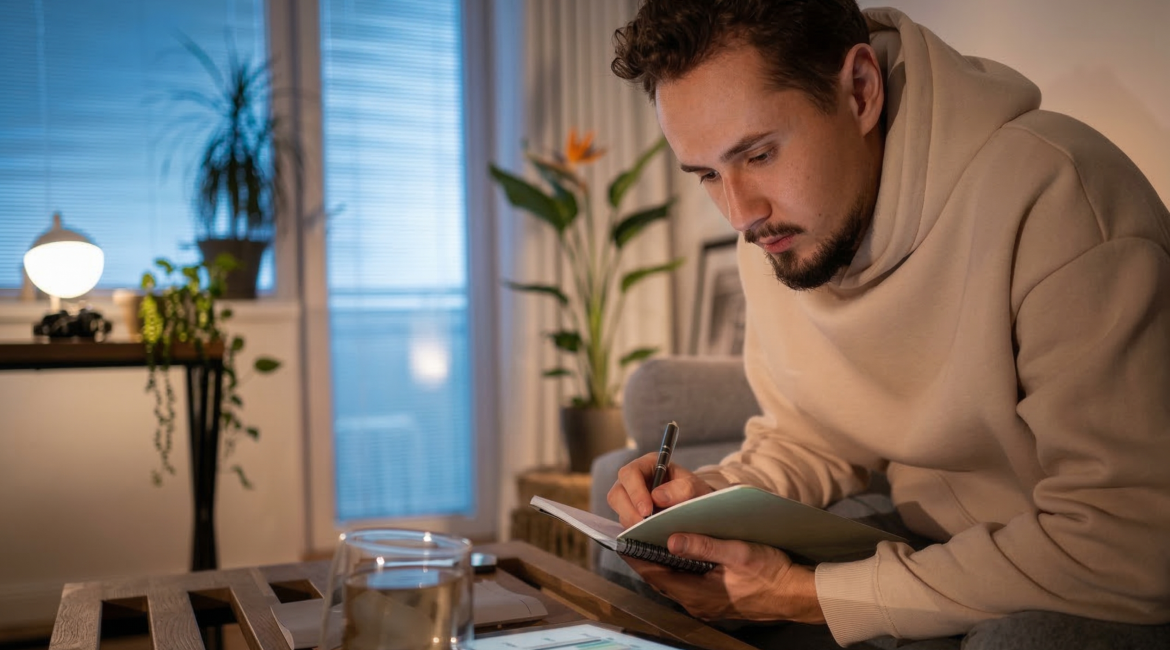 Man in beige hoodie writes in notebook on couch with plants and lamp in background, working in cosy home setting