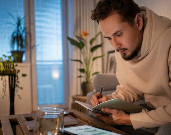 Man in beige hoodie writes in notebook on couch with plants and lamp in background, working in cosy home setting