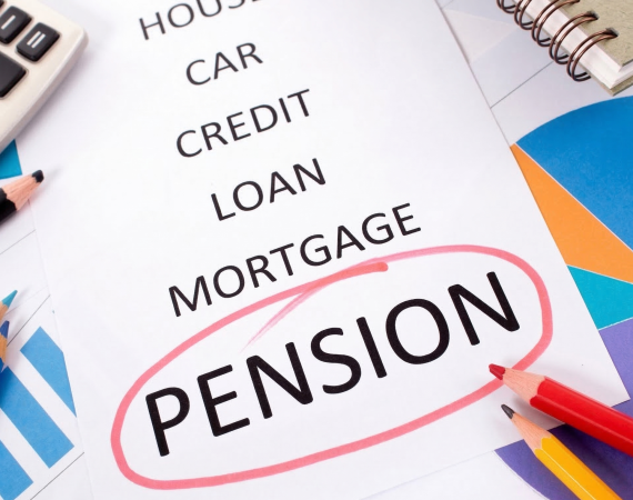 Calculator, pencils, and financial document highlighting pensions, mortgages, loans, and credits for budgeting