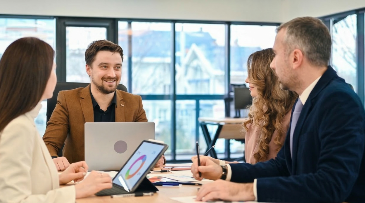 Team in a business meeting discussing charts on tablets in a bright conference room