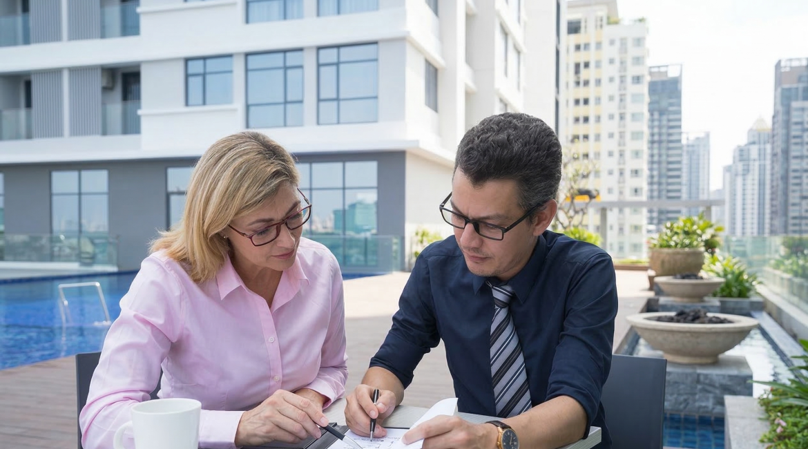Two professionals discussing documents outside by a poolside with urban high-rise buildings in the background