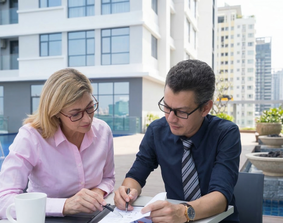 Two professionals discussing documents outside by a poolside with urban high-rise buildings in the background