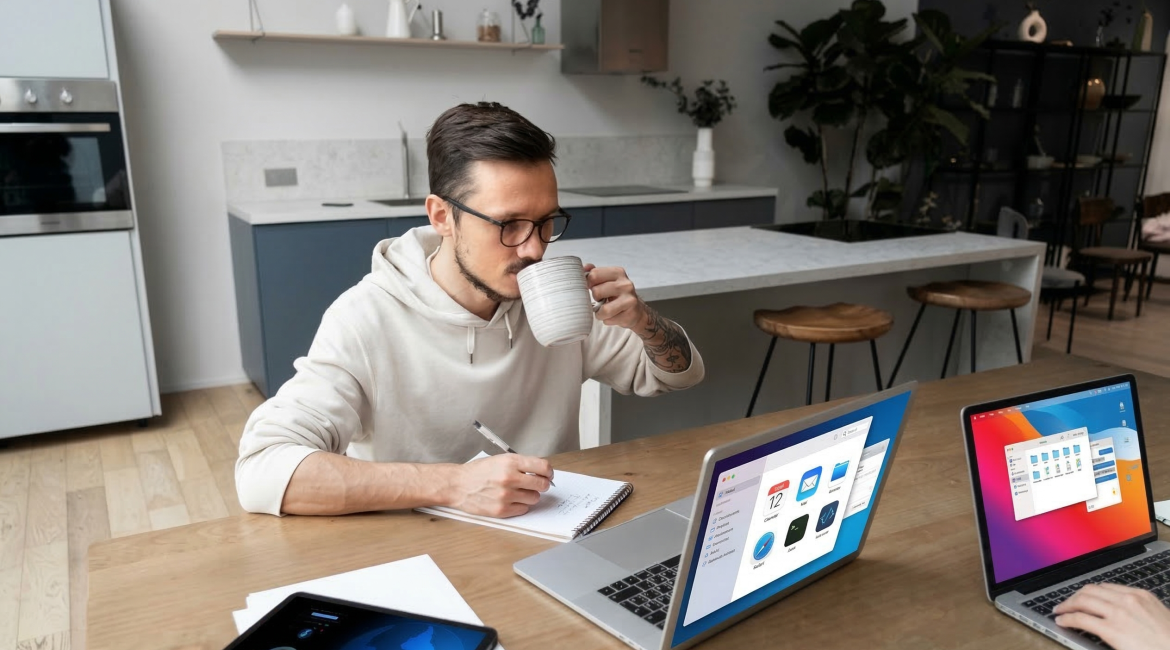 Man writing notes and drinking coffee at home office desk with laptops and tablet, modern kitchen in background
