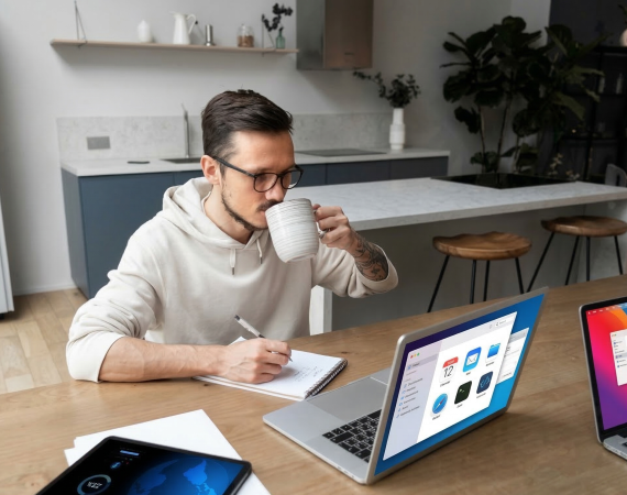 Man writing notes and drinking coffee at home office desk with laptops and tablet, modern kitchen in background