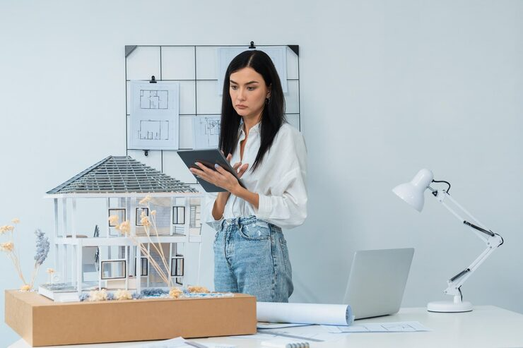 A woman stands in front of a house model, examining its design and features with a thoughtful expression