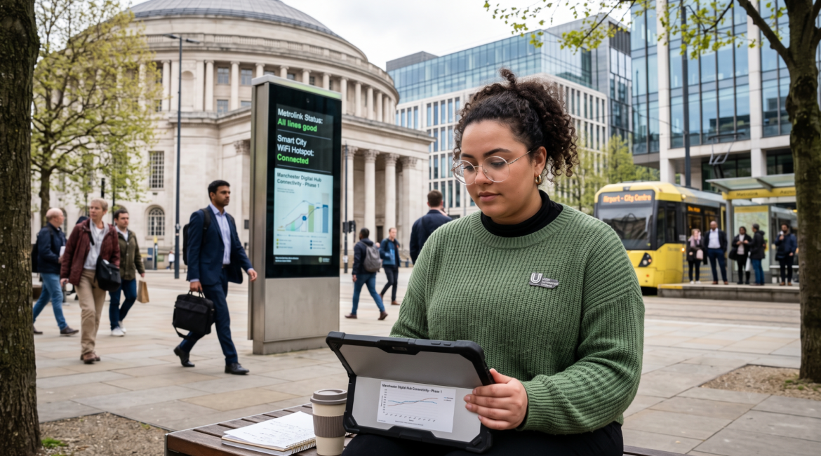 Woman using tablet in Manchester city centre with tram and people walking nearby